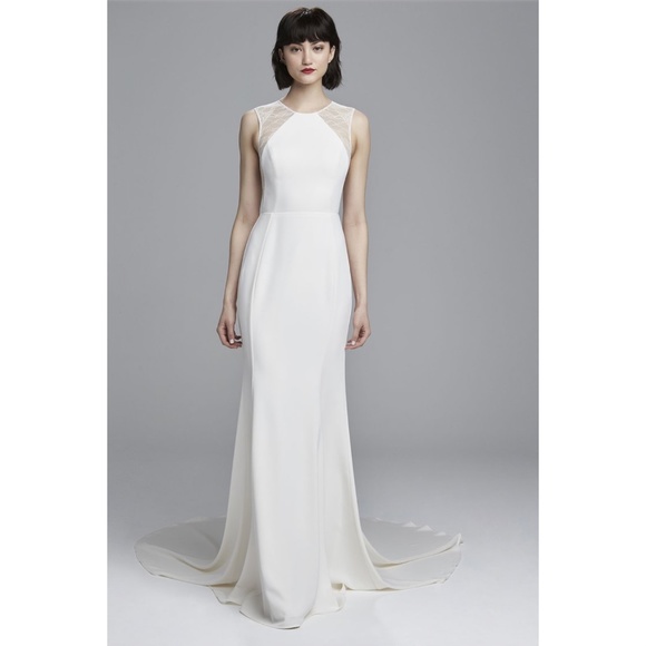 Nouvelle Amsale Bonnie Lace Crepe Illusion Column Wedding Dress Ivory Size 8 - Picture 9 of 12